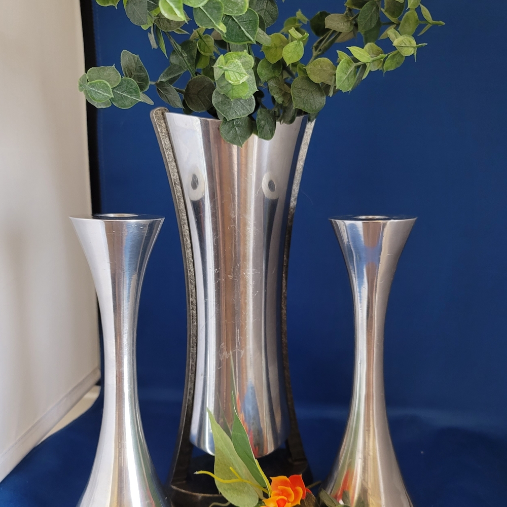 NAMBE "ANVIL" VASE & 2 SILVER METAL TALL CANDLE STICKS/ HOLDERS